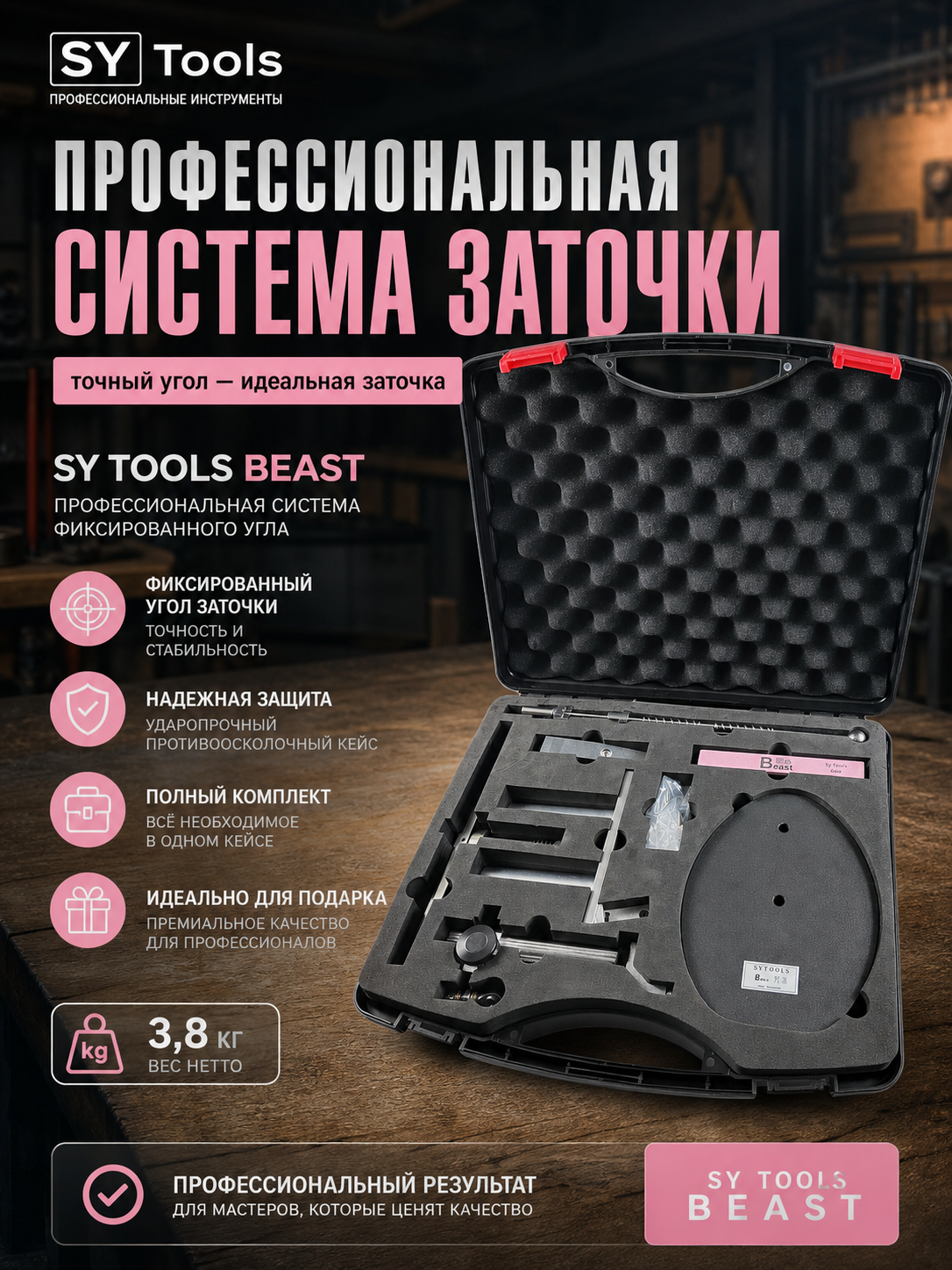 Профессиональная система заточки ножей Sy Tools BEAST с фиксированным углом 9°-30°, 5 водных камней 240-3000#, 3.8кг, алюминий+сталь, поворот 360°, кейс #2