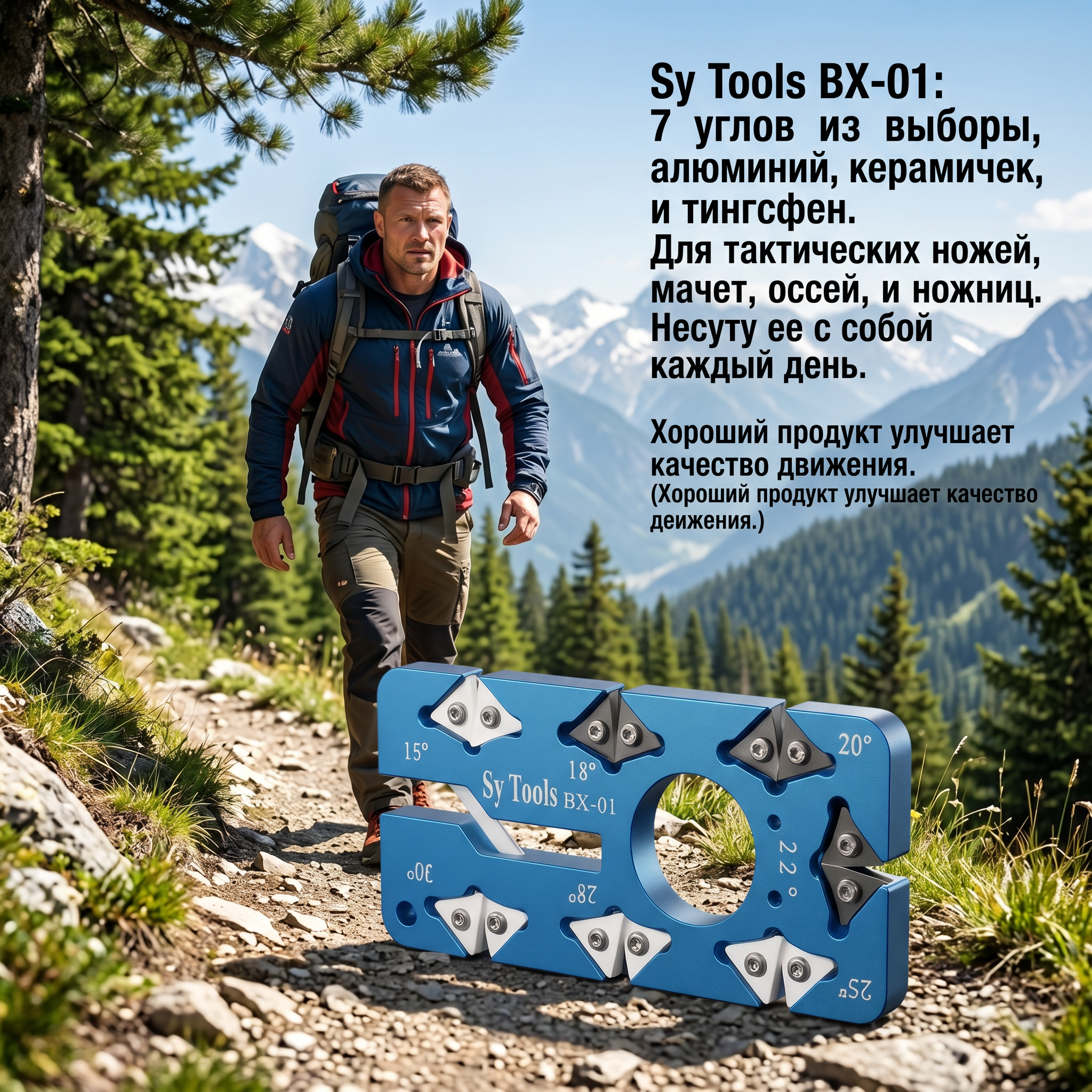 Портативная точилка для ножей и ножниц Sy Tools BX-01, 7 углов заточки (15°-30°), вольфрам и керамика, алюминиевый корпус, 80г