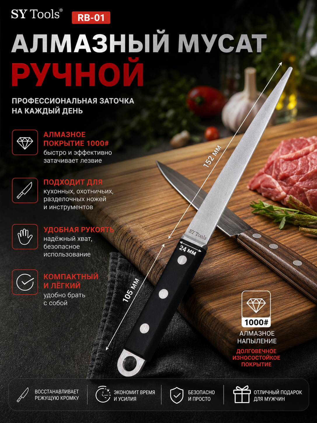Алмазные мусаты для заточки ножей Sy Tools серии RB — 1000 грит, 3 варианта рукоятки (RB-01/RB-02/RB-03)